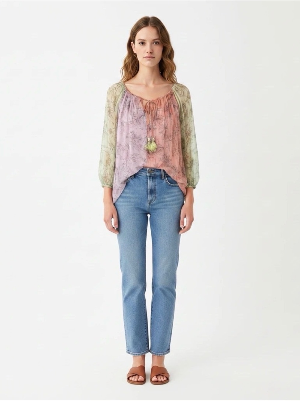 Johnny Was Serena Peasant Silk Blouse With Cami Floral EUC